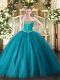 Eye-catching Sleeveless Tulle Floor Length Lace Up Quinceanera Dress in Teal with Beading
