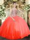 Sleeveless Tulle Floor Length Lace Up Sweet 16 Quinceanera Dress in Coral Red with Beading