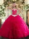 Decent Hot Pink Sleeveless Floor Length Appliques and Ruffles Lace Up Sweet 16 Dresses