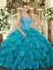Suitable Floor Length Lace Up Quinceanera Gowns Teal for Military Ball and Sweet 16 and Quinceanera with Beading and Ruffles