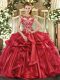 Clearance Cap Sleeves Organza Floor Length Lace Up 15 Quinceanera Dress in Red with Appliques and Ruffles