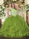 Ball Gowns Quinceanera Gowns Olive Green Scoop Tulle Sleeveless Floor Length Lace Up