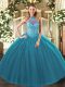 Tulle Halter Top Sleeveless Lace Up Beading and Embroidery Ball Gown Prom Dress in Teal