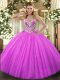 Dynamic Tulle Sweetheart Sleeveless Lace Up Beading Quince Ball Gowns in Fuchsia