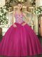 Best Tulle Straps Sleeveless Lace Up Beading and Appliques Vestidos de Quinceanera in Fuchsia