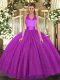 Superior Sleeveless Tulle Floor Length Lace Up Quinceanera Gowns in Fuchsia with Sequins