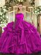 Fuchsia Ball Gowns Strapless Sleeveless Organza Floor Length Lace Up Ruffles Ball Gown Prom Dress