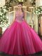 Deluxe Hot Pink Ball Gowns Tulle V-neck Sleeveless Beading Floor Length Lace Up Quinceanera Dress
