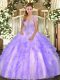 Lavender Ball Gowns Strapless Sleeveless Tulle Floor Length Lace Up Appliques and Ruffles Sweet 16 Dress