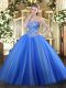 Blue Lace Up Quinceanera Gowns Appliques Sleeveless
