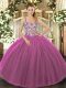 Purple Ball Gowns Tulle Straps Sleeveless Beading and Appliques Floor Length Lace Up Quinceanera Gowns
