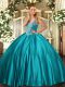 Satin Straps Sleeveless Lace Up Beading Quince Ball Gowns in Teal
