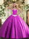 Sleeveless Floor Length Appliques Lace Up Quinceanera Gowns with Fuchsia