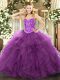 Purple Ball Gowns Sweetheart Sleeveless Tulle Floor Length Lace Up Beading and Ruffles Sweet 16 Dress