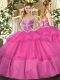 Free and Easy Hot Pink Tulle Lace Up Sweetheart Sleeveless Floor Length Quinceanera Dresses Beading and Ruffled Layers