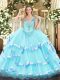 Floor Length Lace Up Vestidos de Quinceanera Aqua Blue for Military Ball and Sweet 16 and Quinceanera with Ruffled Layers