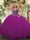 Comfortable Floor Length Lace Up Quinceanera Dresses Fuchsia for Military Ball and Sweet 16 and Quinceanera with Beading and Ruffled Layers