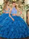 Sleeveless Organza Floor Length Criss Cross Quinceanera Gowns in Blue with Beading and Ruffles