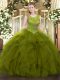 Organza Scoop Sleeveless Zipper Beading and Ruffles Quince Ball Gowns in Olive Green