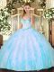 Aqua Blue Sleeveless Organza Lace Up Vestidos de Quinceanera for Military Ball and Sweet 16 and Quinceanera