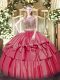 Hot Sale Coral Red Quinceanera Gowns Military Ball and Sweet 16 and Quinceanera with Beading and Ruffled Layers Scoop Sleeveless Lace Up