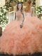 Suitable Peach Sleeveless Floor Length Beading and Ruffles and Pick Ups Lace Up Vestidos de Quinceanera