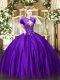 Purple Ball Gowns Sweetheart Sleeveless Satin Floor Length Lace Up Beading Sweet 16 Dress