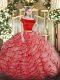 Chic Coral Red Short Sleeves Tulle Brush Train Zipper 15 Quinceanera Dress for Military Ball and Sweet 16 and Quinceanera