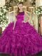 Sleeveless Organza Floor Length Lace Up Ball Gown Prom Dress in Fuchsia with Ruffles