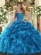 Glamorous Baby Blue Halter Top Lace Up Ruffles and Pick Ups Sweet 16 Quinceanera Dress Sleeveless