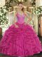 Hot Pink Quince Ball Gowns Military Ball and Sweet 16 and Quinceanera with Beading and Ruffles V-neck Sleeveless Lace Up