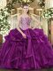 Fuchsia Ball Gowns Beading and Ruffles Vestidos de Quinceanera Lace Up Organza Sleeveless Floor Length