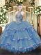 Most Popular Floor Length Blue Quince Ball Gowns Organza Sleeveless Beading and Ruffles
