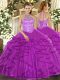 Halter Top Sleeveless Quinceanera Gowns Floor Length Beading and Ruffles Purple Organza