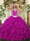 High Quality Fuchsia Sleeveless Organza Lace Up Ball Gown Prom Dress for Military Ball and Sweet 16 and Quinceanera