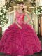 Affordable Ball Gowns Quince Ball Gowns Hot Pink Scoop Tulle Sleeveless Floor Length Lace Up