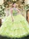 Yellow Green Ball Gowns Beading and Ruffled Layers Quinceanera Gowns Lace Up Tulle Sleeveless Floor Length
