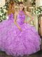 Custom Design Lavender Halter Top Lace Up Beading and Ruffles 15 Quinceanera Dress Sleeveless