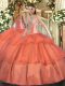 Luxury Coral Red Tulle Lace Up Quinceanera Dresses Sleeveless Floor Length Beading and Ruffled Layers