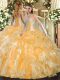 Deluxe Gold Sleeveless Organza Lace Up Ball Gown Prom Dress for Military Ball and Sweet 16 and Quinceanera