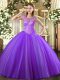 Elegant Sleeveless Tulle Floor Length Lace Up Quince Ball Gowns in Lavender with Beading