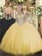 Cheap Gold Ball Gowns Beading Sweet 16 Dress Lace Up Tulle Sleeveless Floor Length