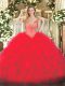 Red Organza Lace Up Quince Ball Gowns Sleeveless Floor Length Beading and Ruffles