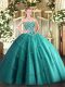 Floor Length Teal Quinceanera Gown Tulle Sleeveless Beading and Appliques