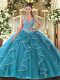 Teal Ball Gowns Tulle V-neck Sleeveless Beading Floor Length Lace Up Sweet 16 Quinceanera Dress
