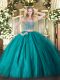 New Style Teal Lace Up Quinceanera Gown Beading Sleeveless Floor Length