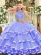 Lavender Two Pieces Halter Top Sleeveless Tulle Floor Length Criss Cross Beading and Ruffled Layers Vestidos de Quinceanera