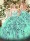 Fashion Floor Length Lace Up Vestidos de Quinceanera Turquoise for Military Ball and Sweet 16 and Quinceanera with Beading and Ruffles