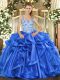 Custom Designed Organza Straps Sleeveless Lace Up Beading and Ruffles Quinceanera Dress in Blue