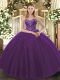 Sleeveless Tulle Floor Length Lace Up Sweet 16 Quinceanera Dress in Dark Purple with Beading